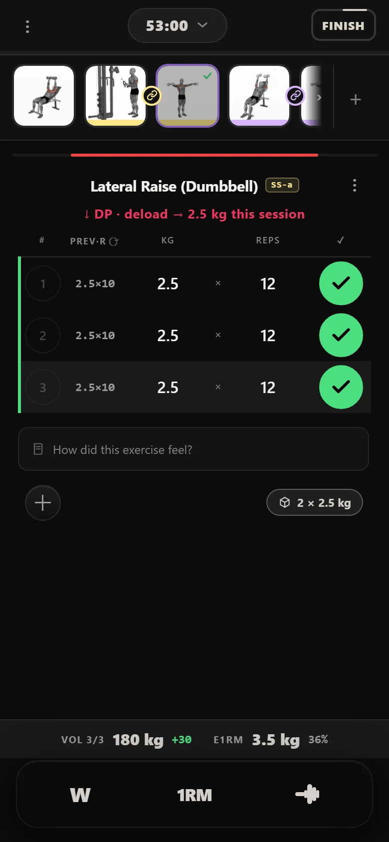 Durata logger showing an accessory lift with a double-progression rule chip reading hit 20 reps