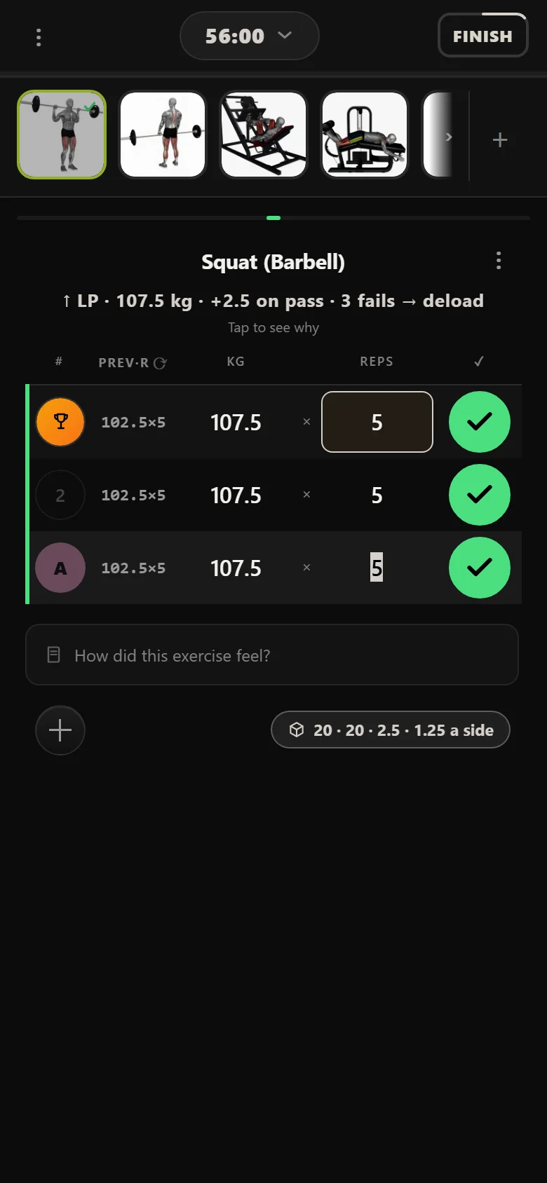 Durata logger showing Squat (Barbell) at 107.5 kg with 102.5 kg in the previous column