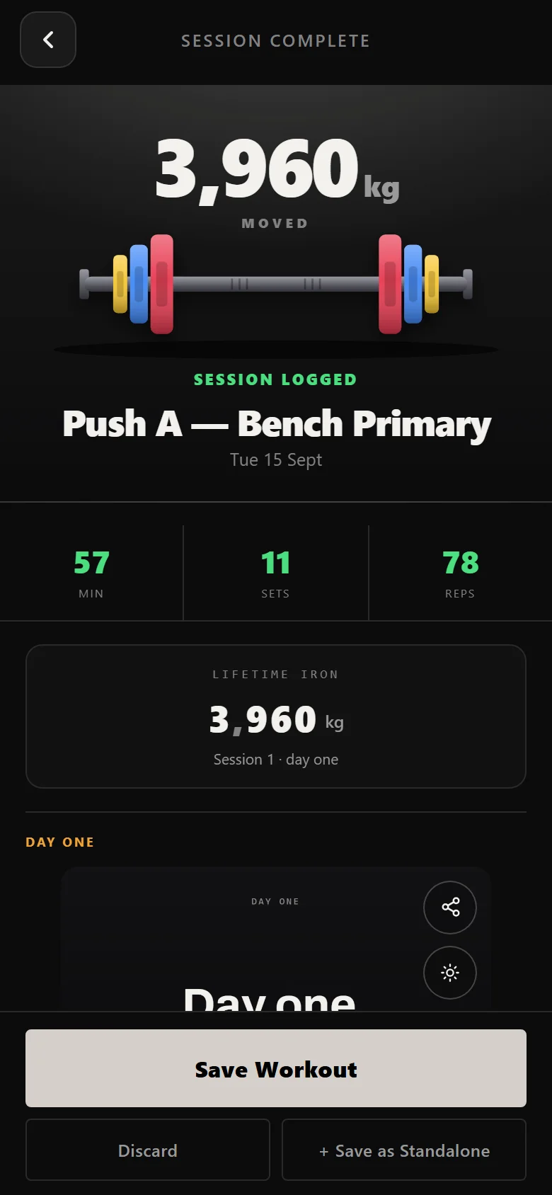Durata session summary card showing duration, sets, reps and total volume