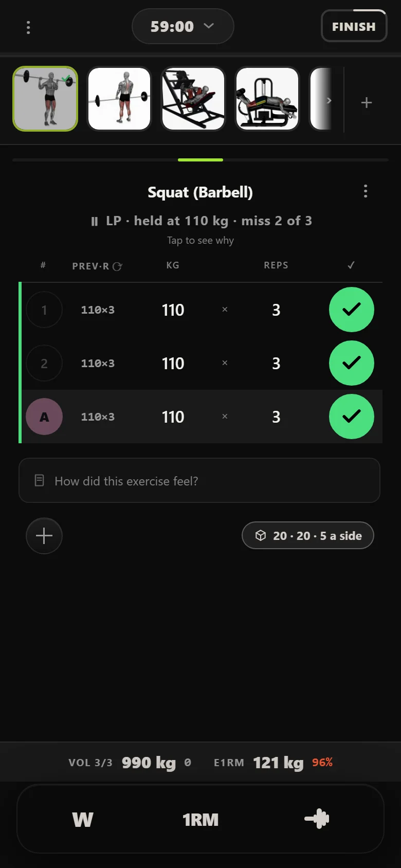 Durata logger showing a failed working set on the squat at 110 kg