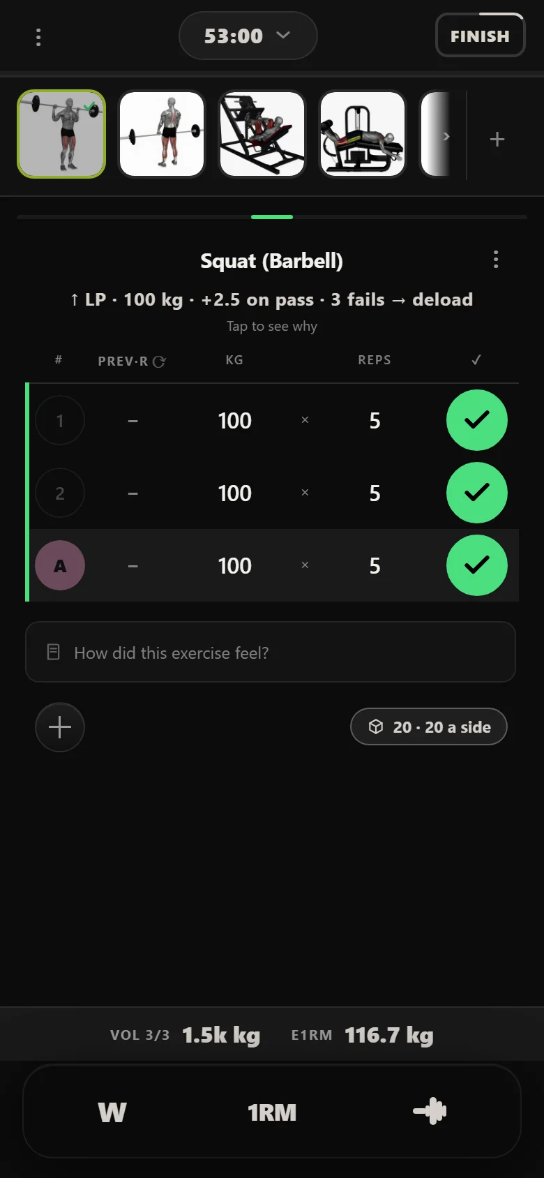 Durata logger: Squat (Barbell) at 100 kg on the first leg day