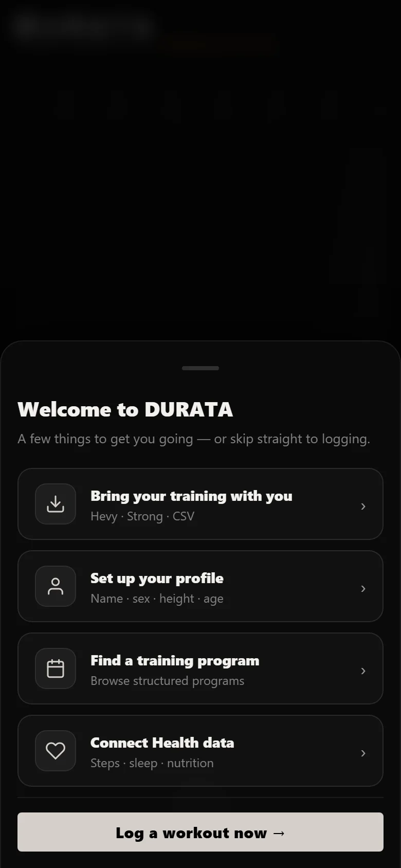 Durata first-run onboarding sheet with the program route highlighted