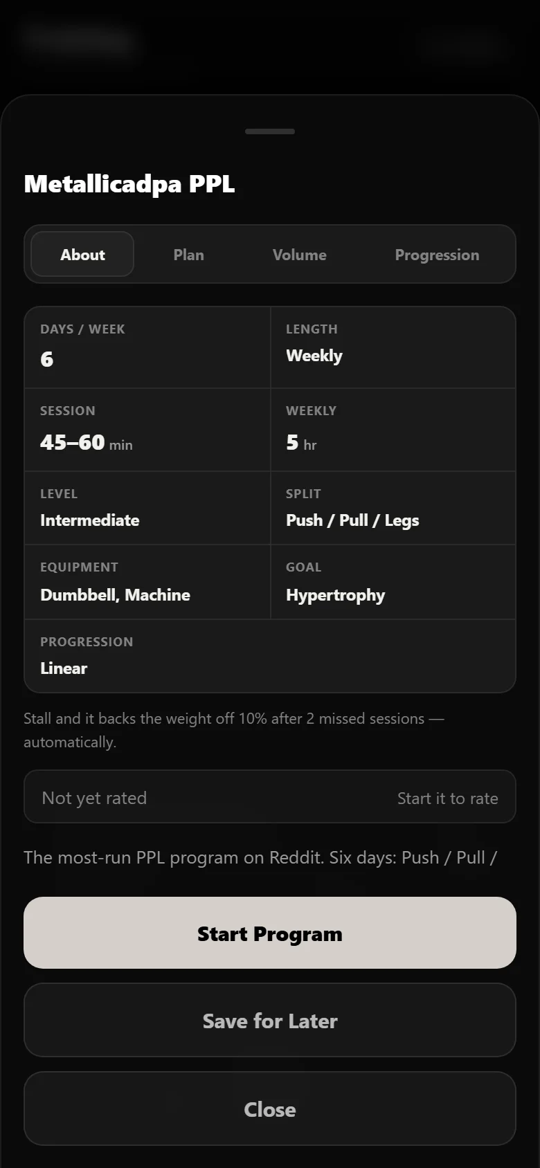 The Metallicadpa PPL program page in Durata showing the six-day schedule