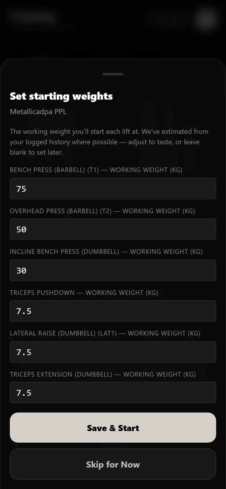 Setting starting weights for Metallicadpa PPL in Durata, with the bench press at 75 kg