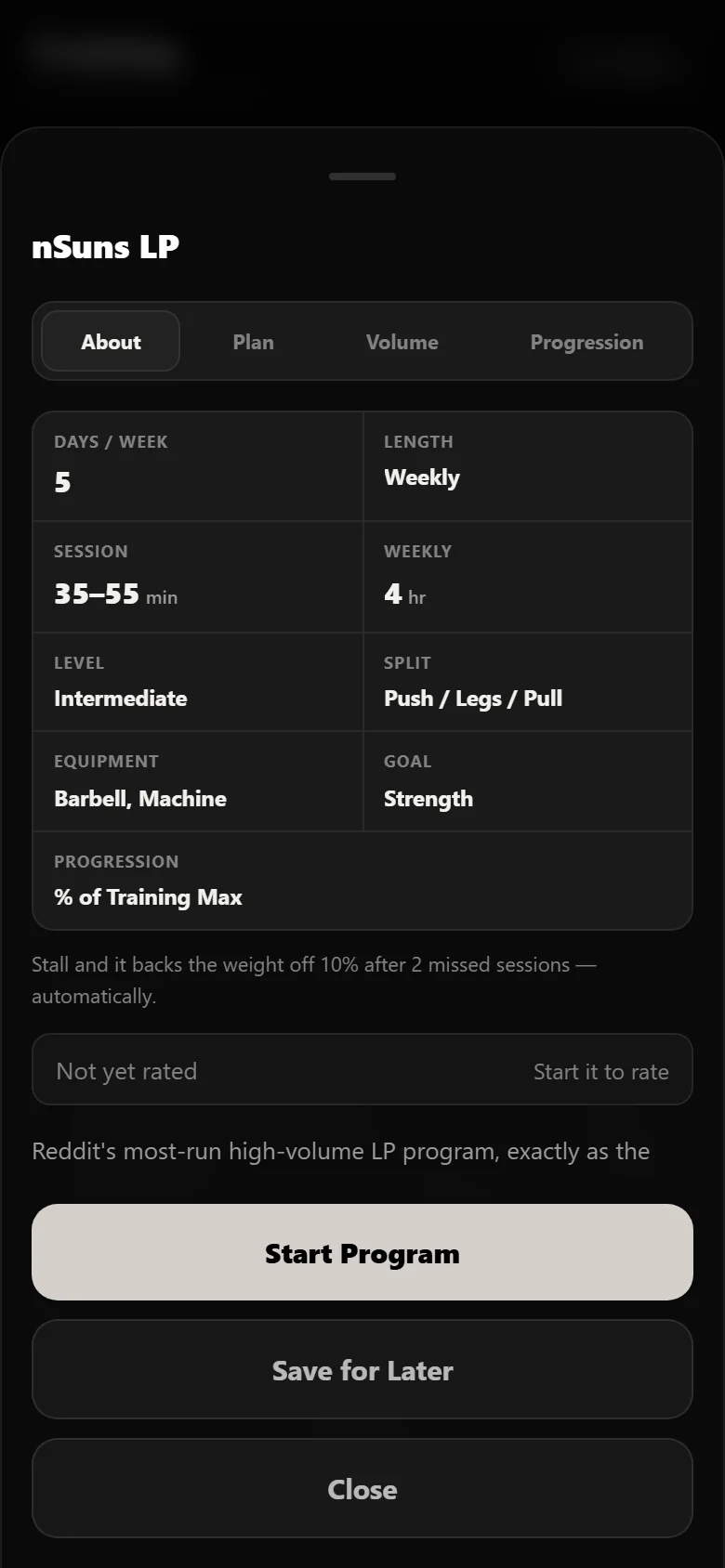 Durata program page for nSuns LP showing the schedule and progression rule
