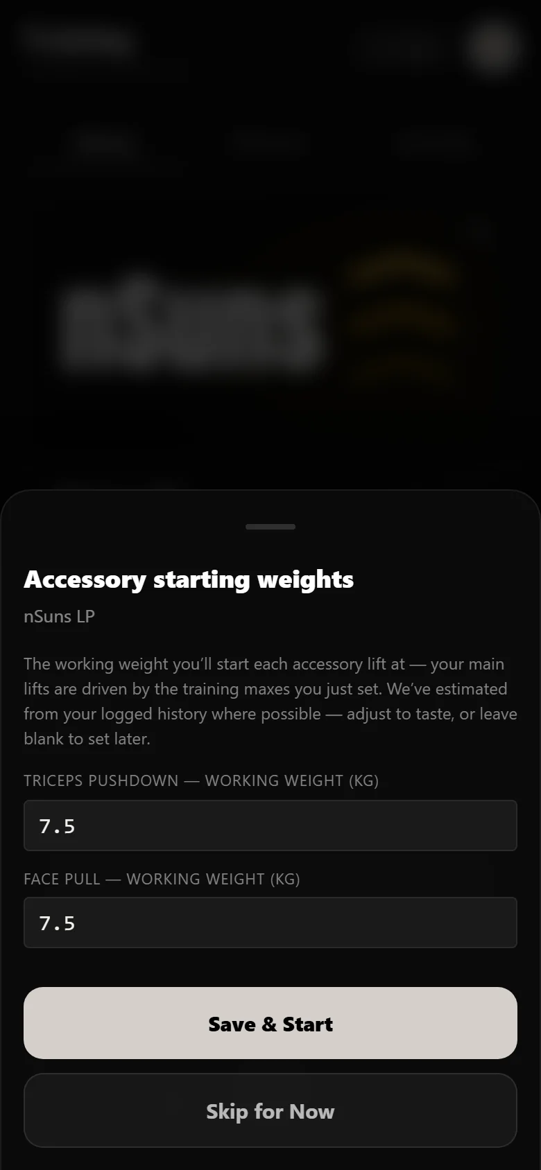 Durata starting-weights sheet for the nSuns accessories