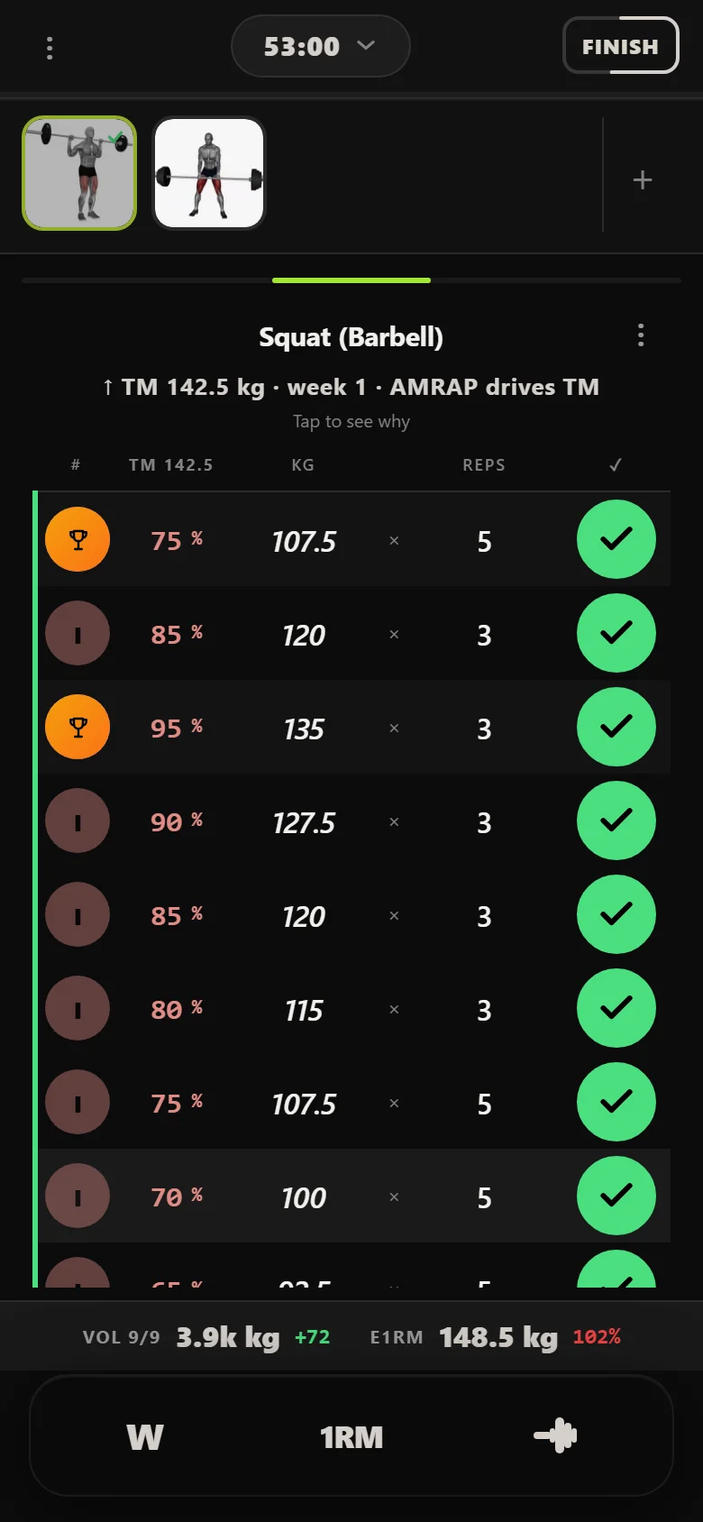 Durata logger: Squat (Barbell) top set at 135 kg after the first increase