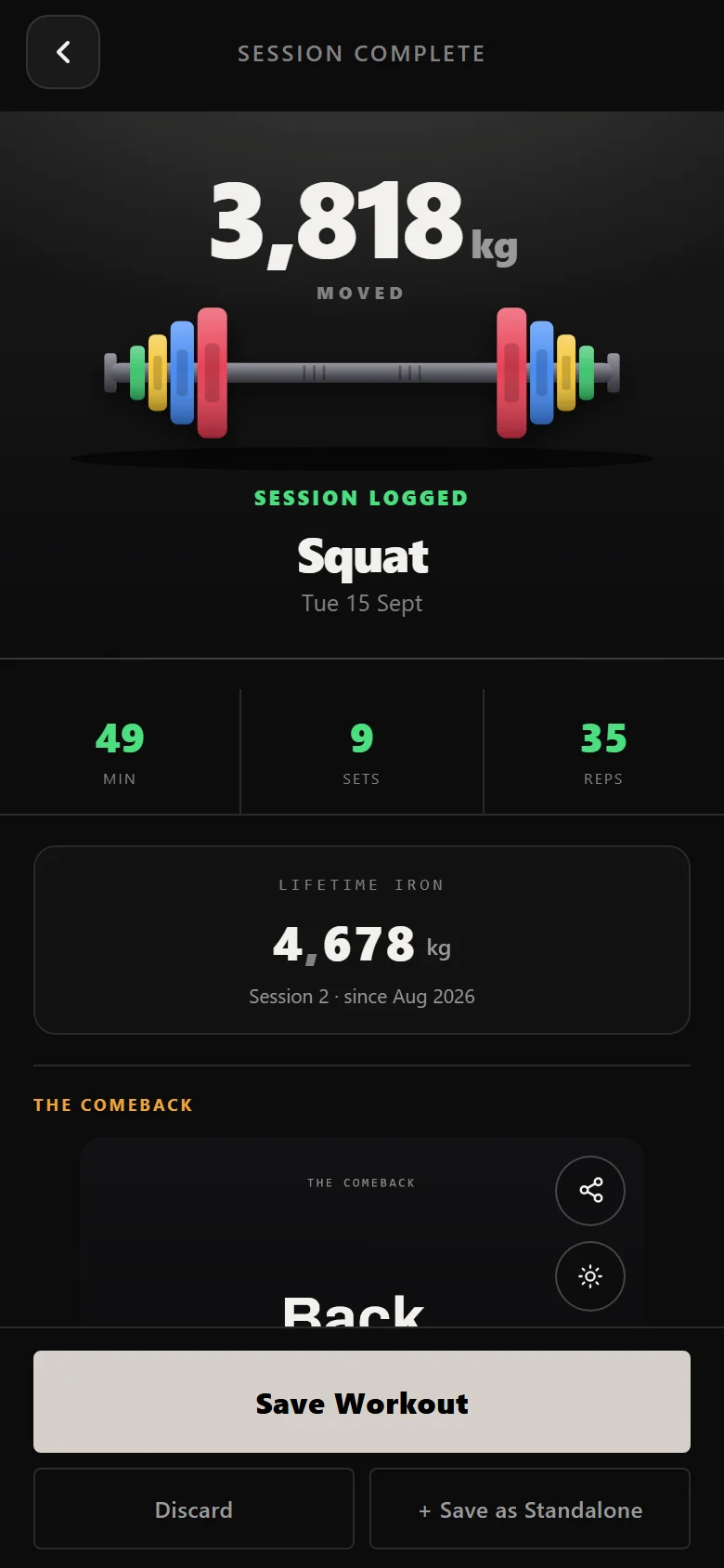 Durata session-complete screen with the session's sets, reps and volume