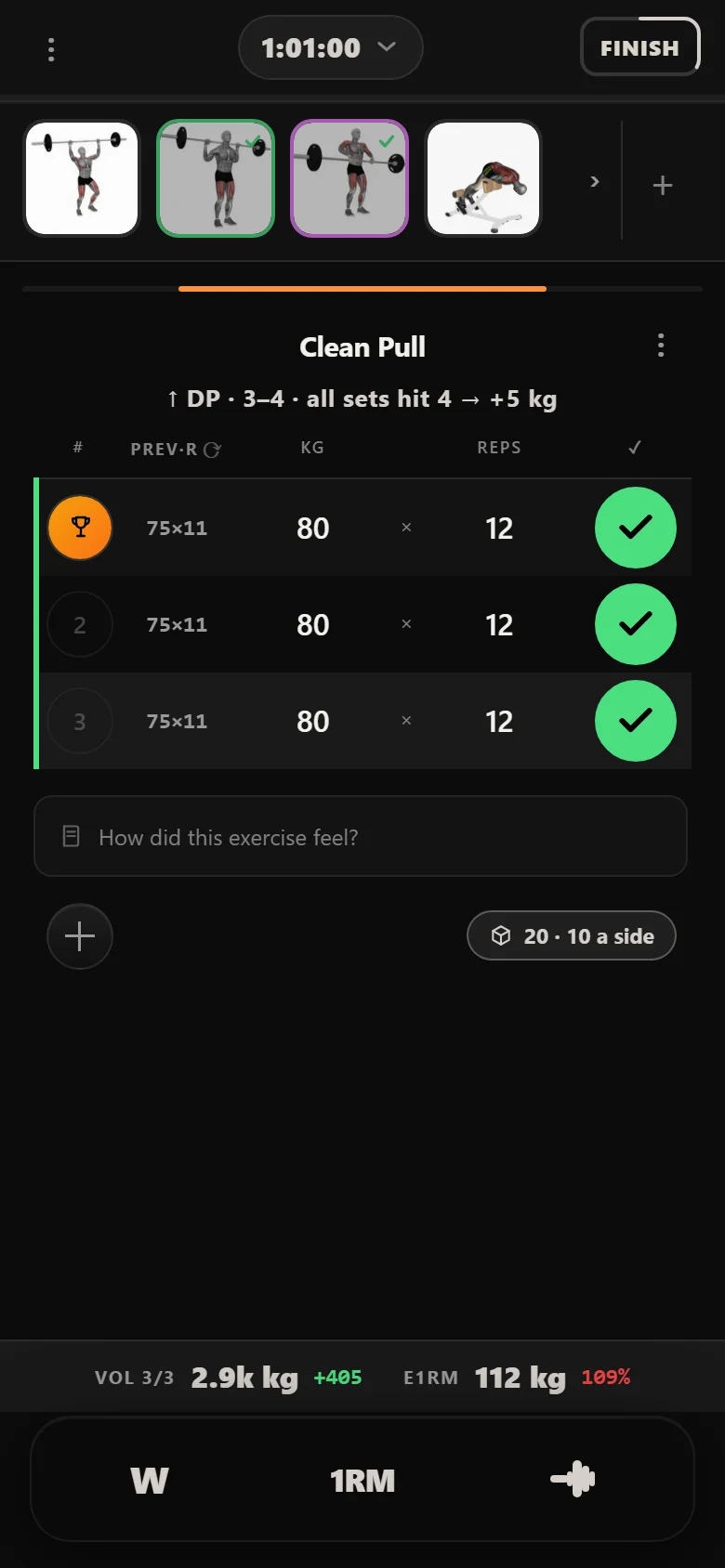 A double-progression accessory in Durata showing its hit four reps then add 5 kg rule