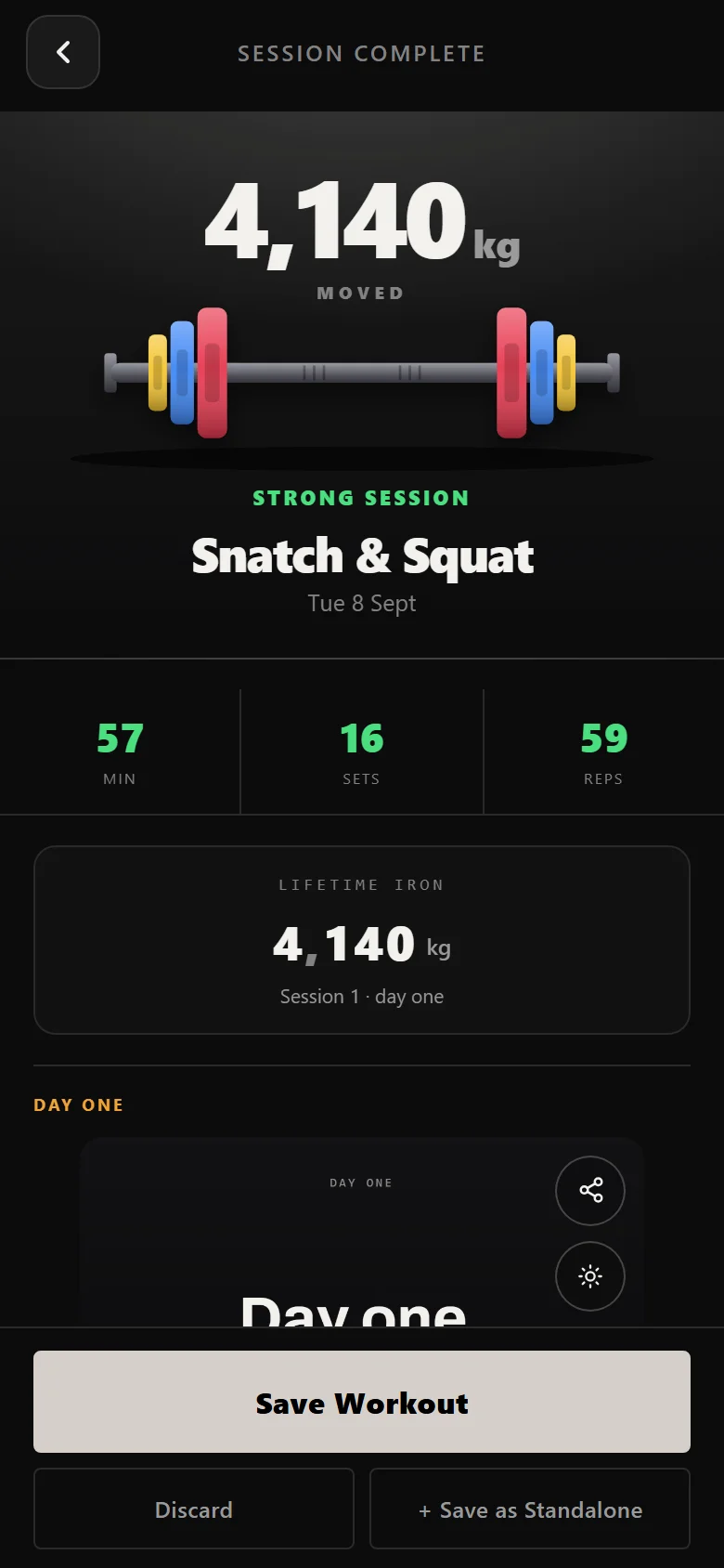 An Olympic weightlifting session summary in Durata before saving