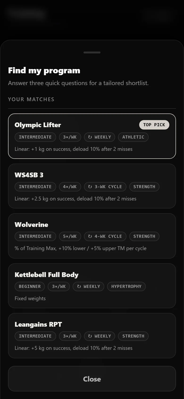 Durata finder results with Olympic Lifter as the top pick