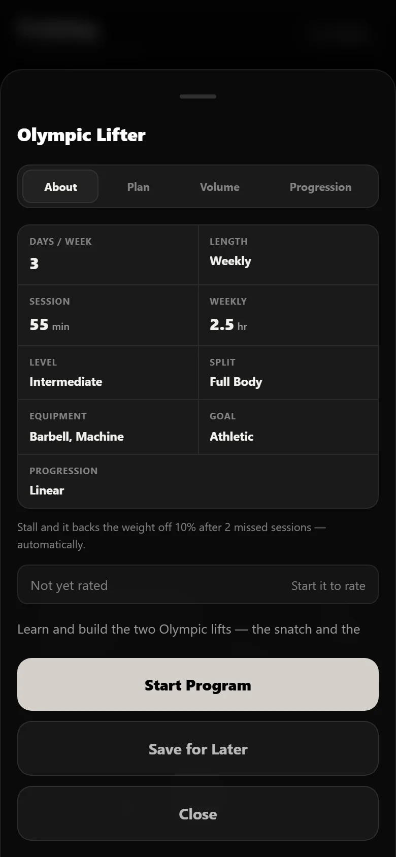 The Olympic Lifter program page in Durata