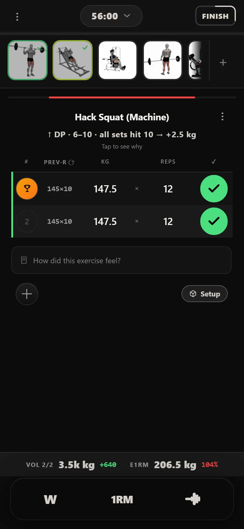 Durata logger showing a double progression accessory on a PHAT hypertrophy day