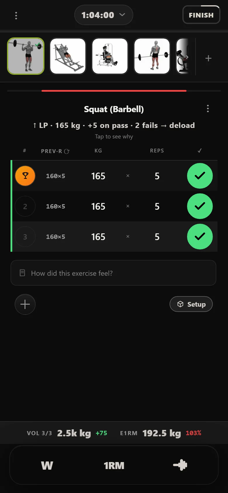 Squat (Barbell) at 165 kg on the last power day of the PHAT block