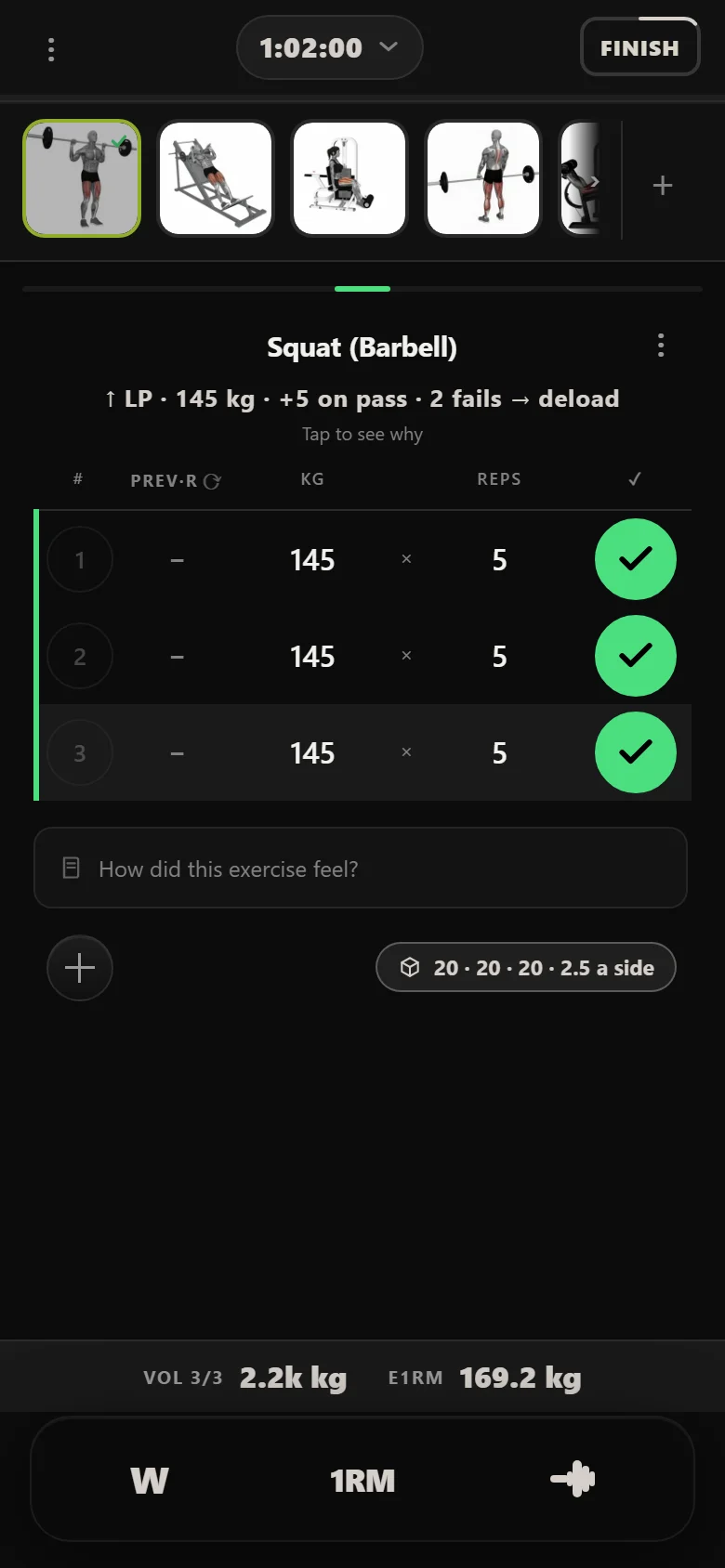 Durata logger showing Squat (Barbell) at 145 kg on the first PHAT power day