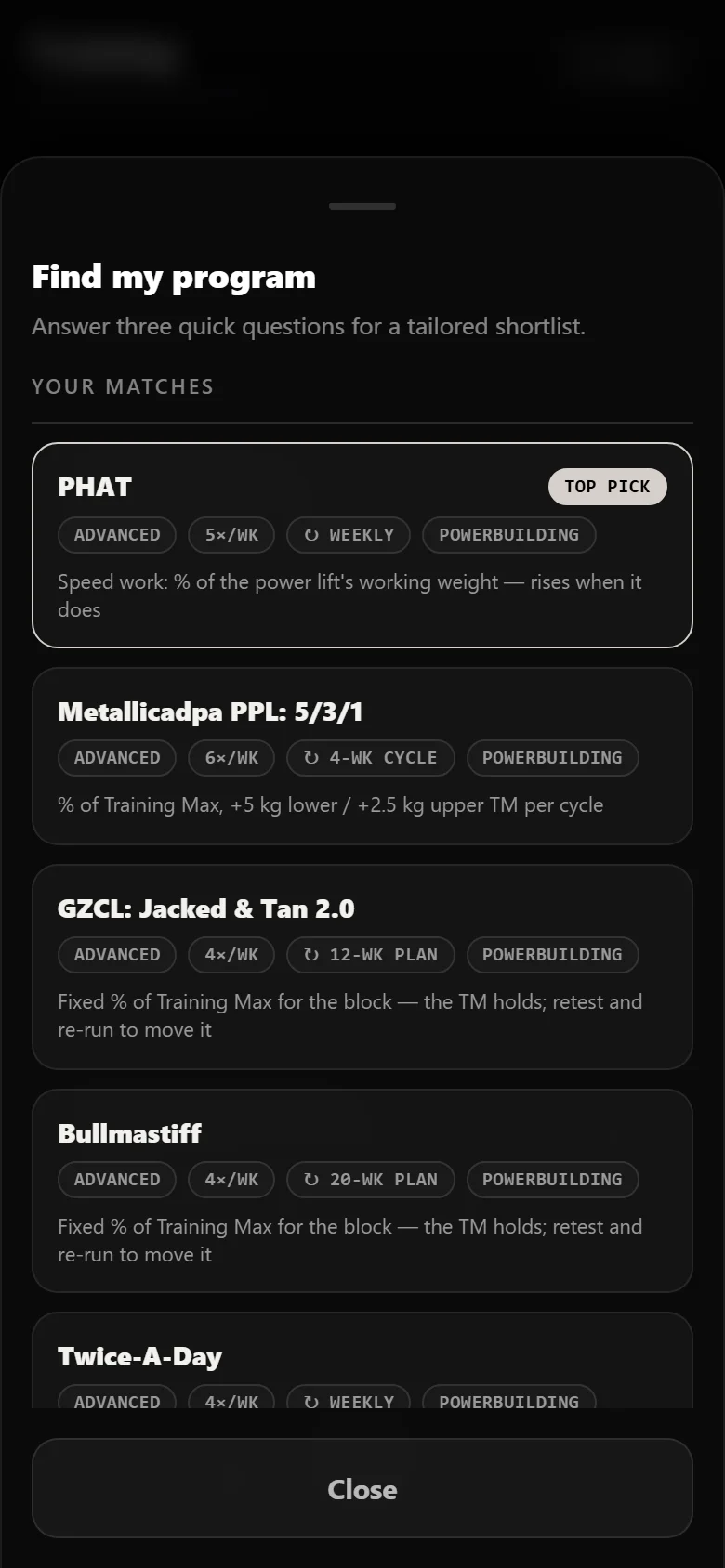 Durata finder results with PHAT at the top of the shortlist