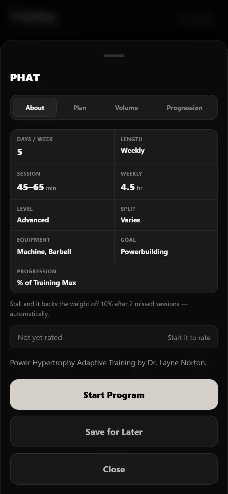 The PHAT program page in Durata showing the weekly schedule