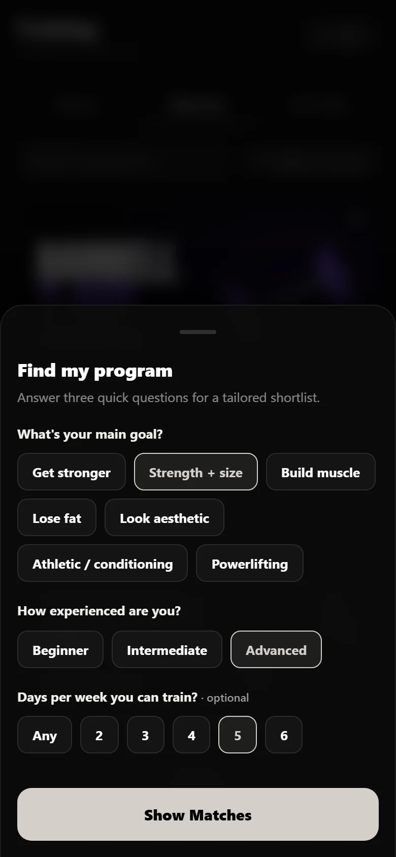 Durata program finder with goal, experience and days a week answered