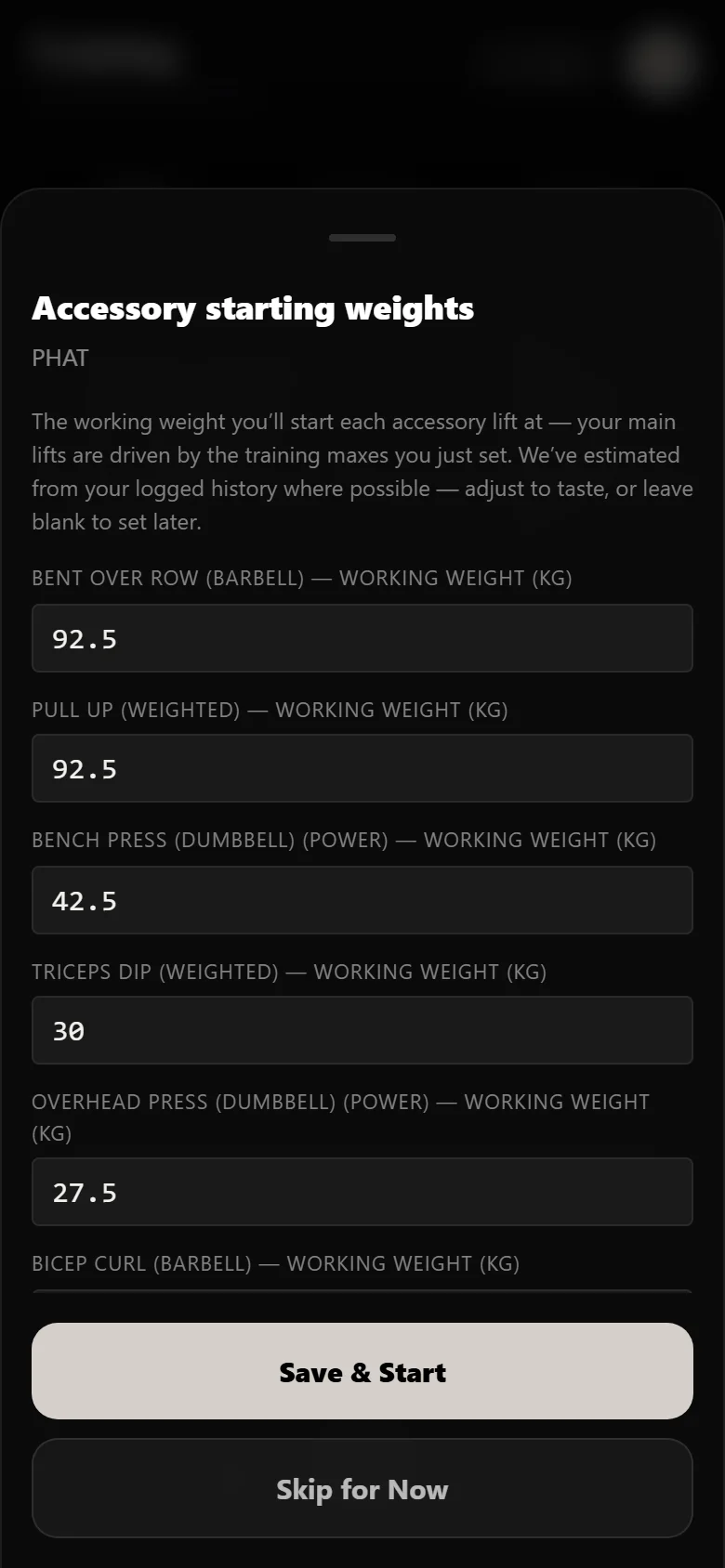 Setting starting weights when beginning PHAT in Durata