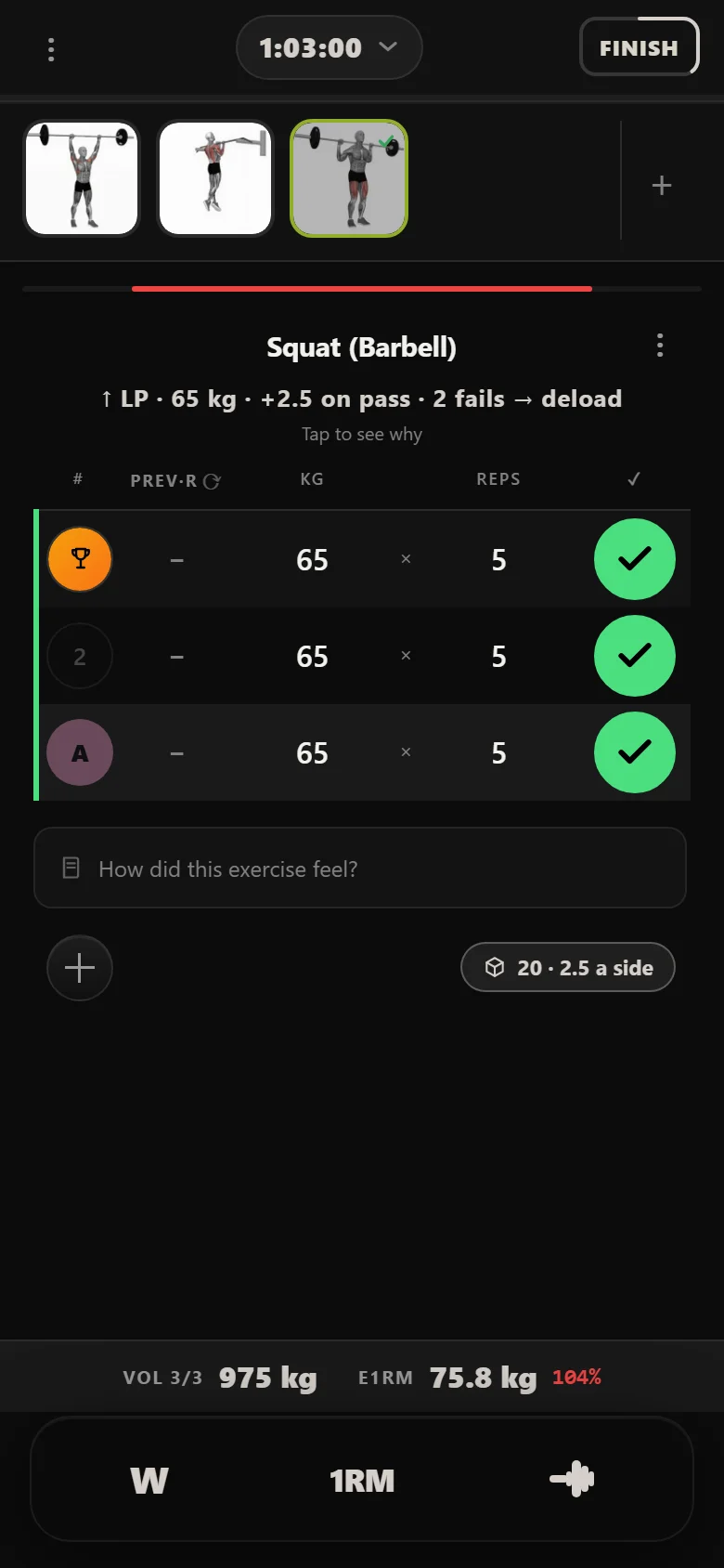 Squat (Barbell) climbing under linear progression in Durata