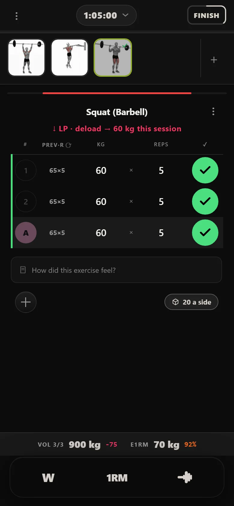 Squat (Barbell) deloaded 10% in Durata after two missed sessions