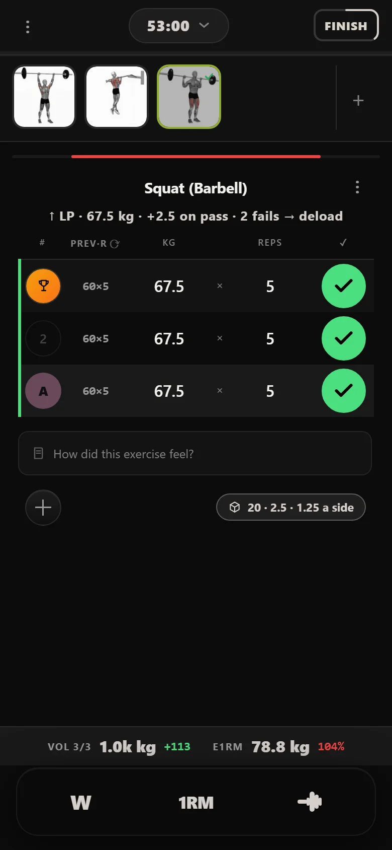 Durata logger: Squat (Barbell) at 67.5 kg