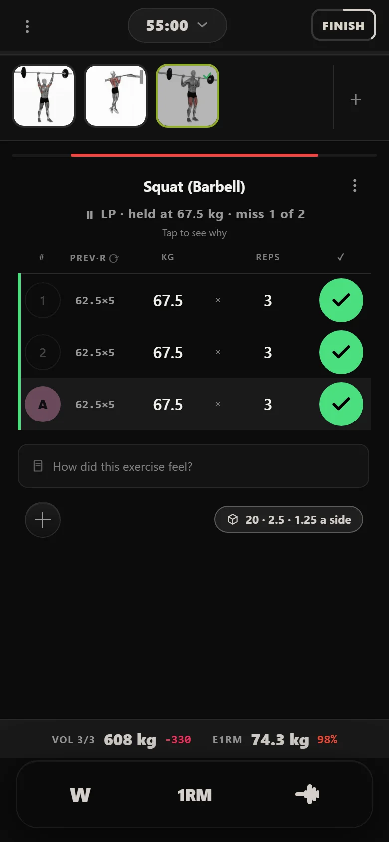 A missed Squat (Barbell) session in Durata at 67.5 kg