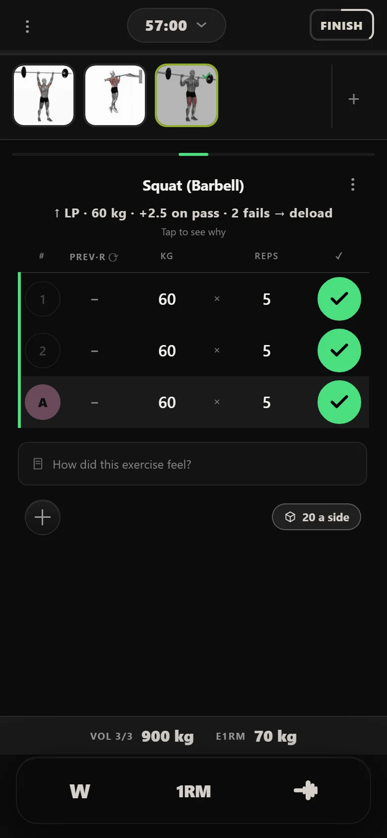 Durata logger: Squat (Barbell) at 60 kg