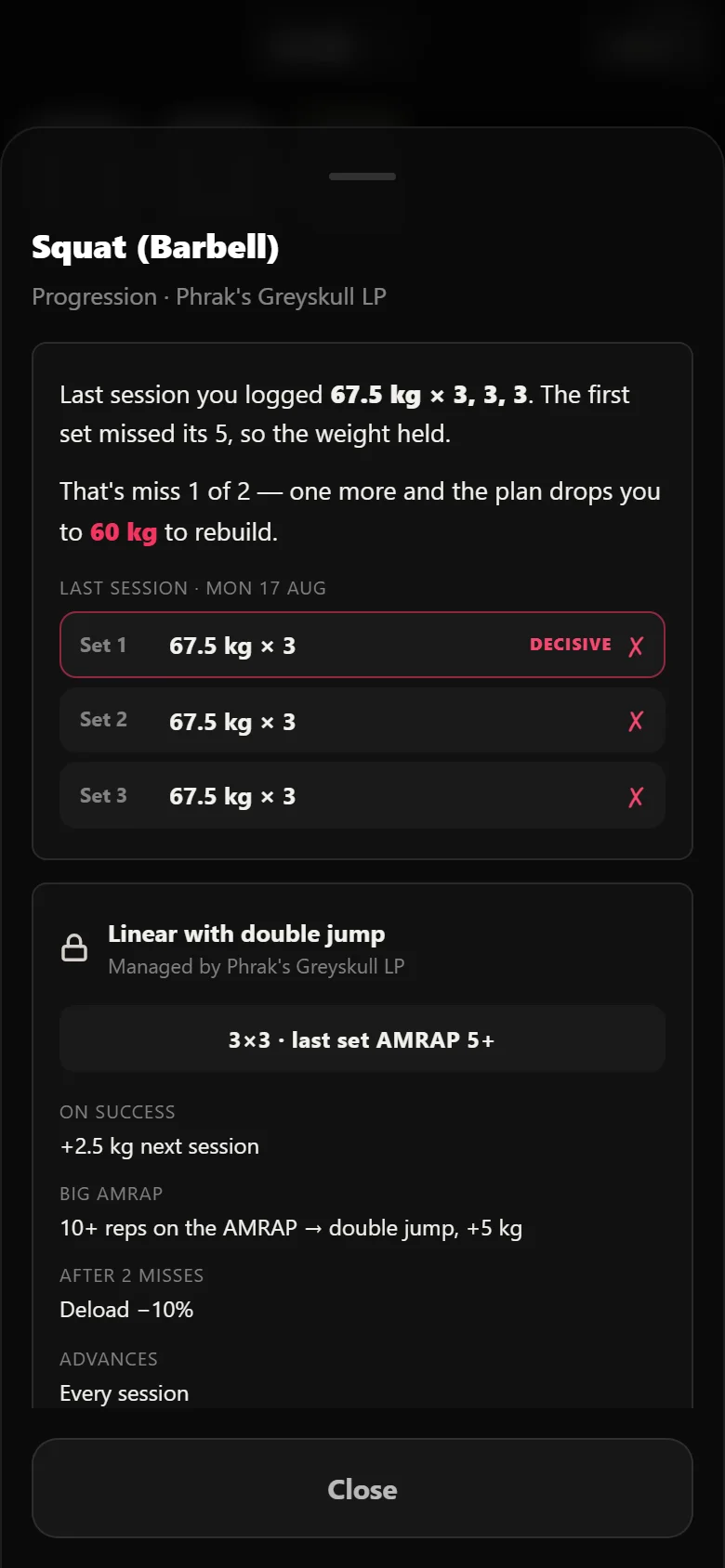 Durata's rule explainer for the squat (barbell) after a missed session