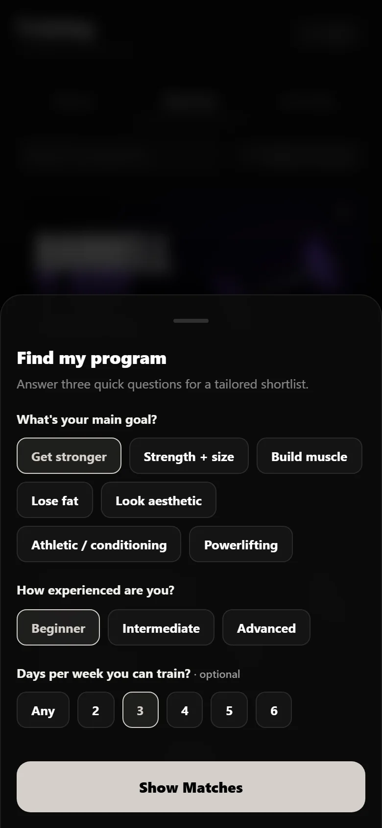 Durata program finder with goal, experience and days per week answered