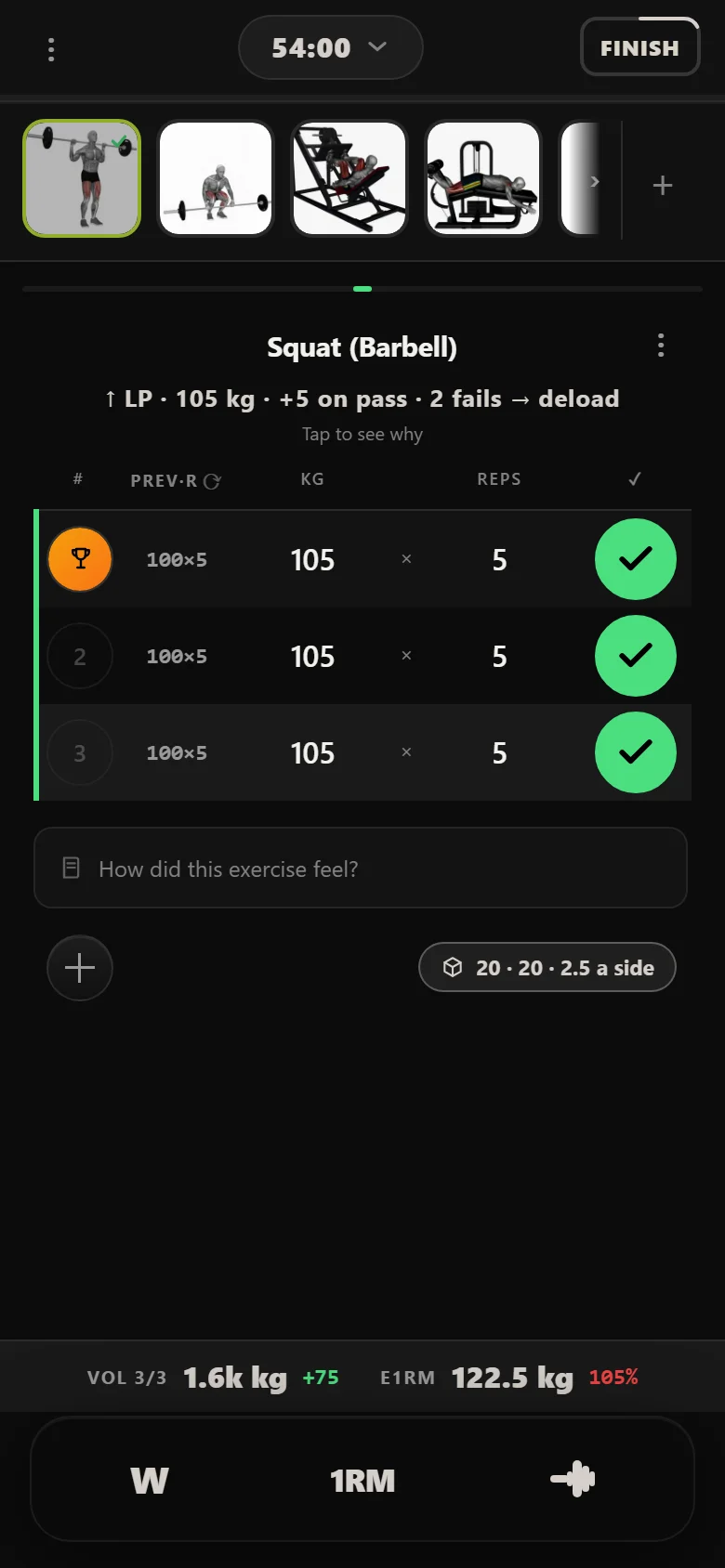 PHUL squat at 105 kg in Durata with the previous session's 100 kg alongside