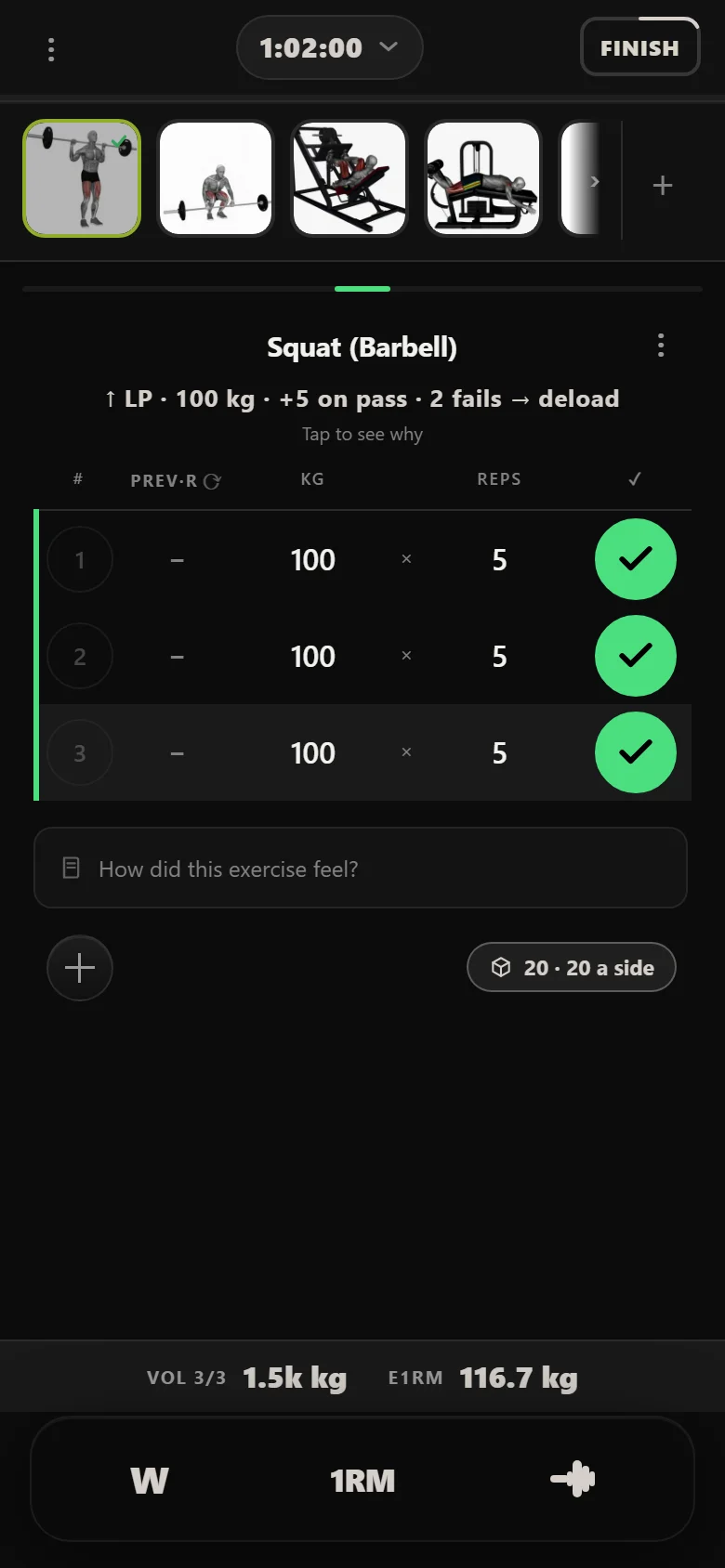 PHUL squat at 100 kg on the first Lower Power session