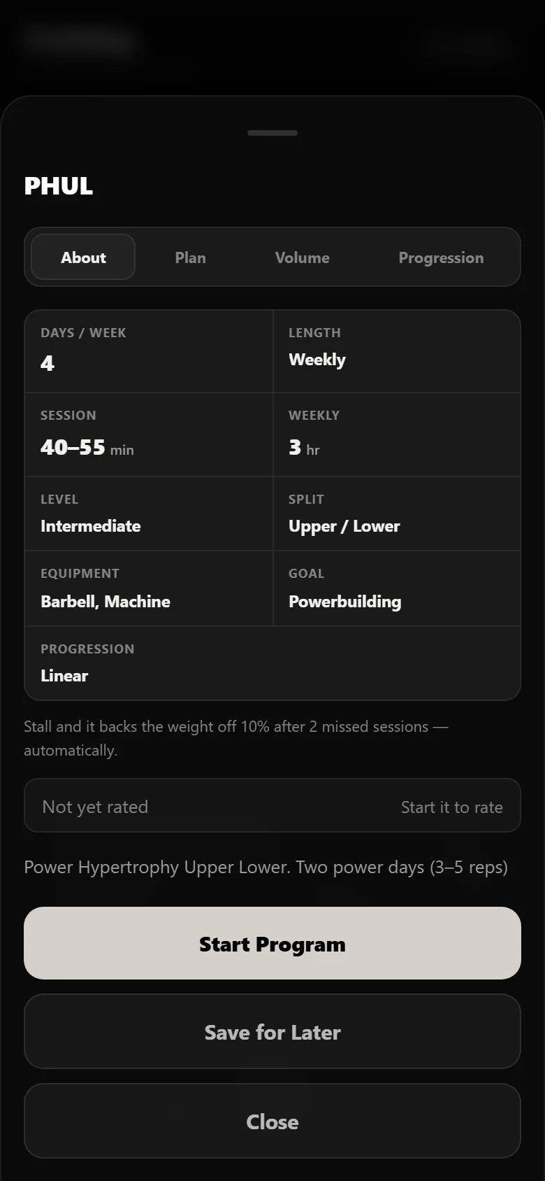 The PHUL program page in Durata showing the four-day split