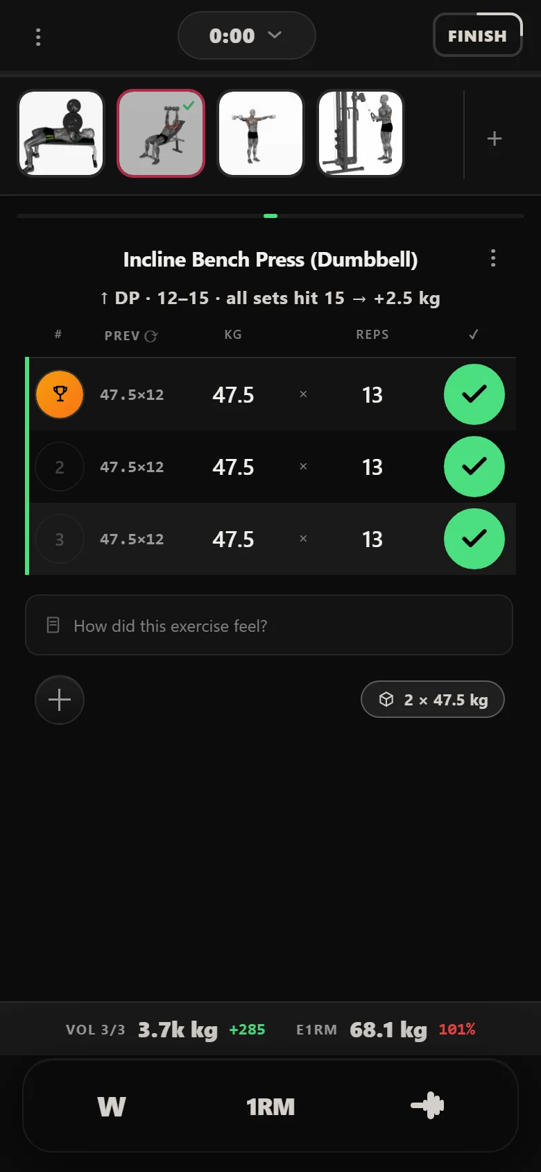 Durata logger: incline dumbbell bench at 47.5 kg