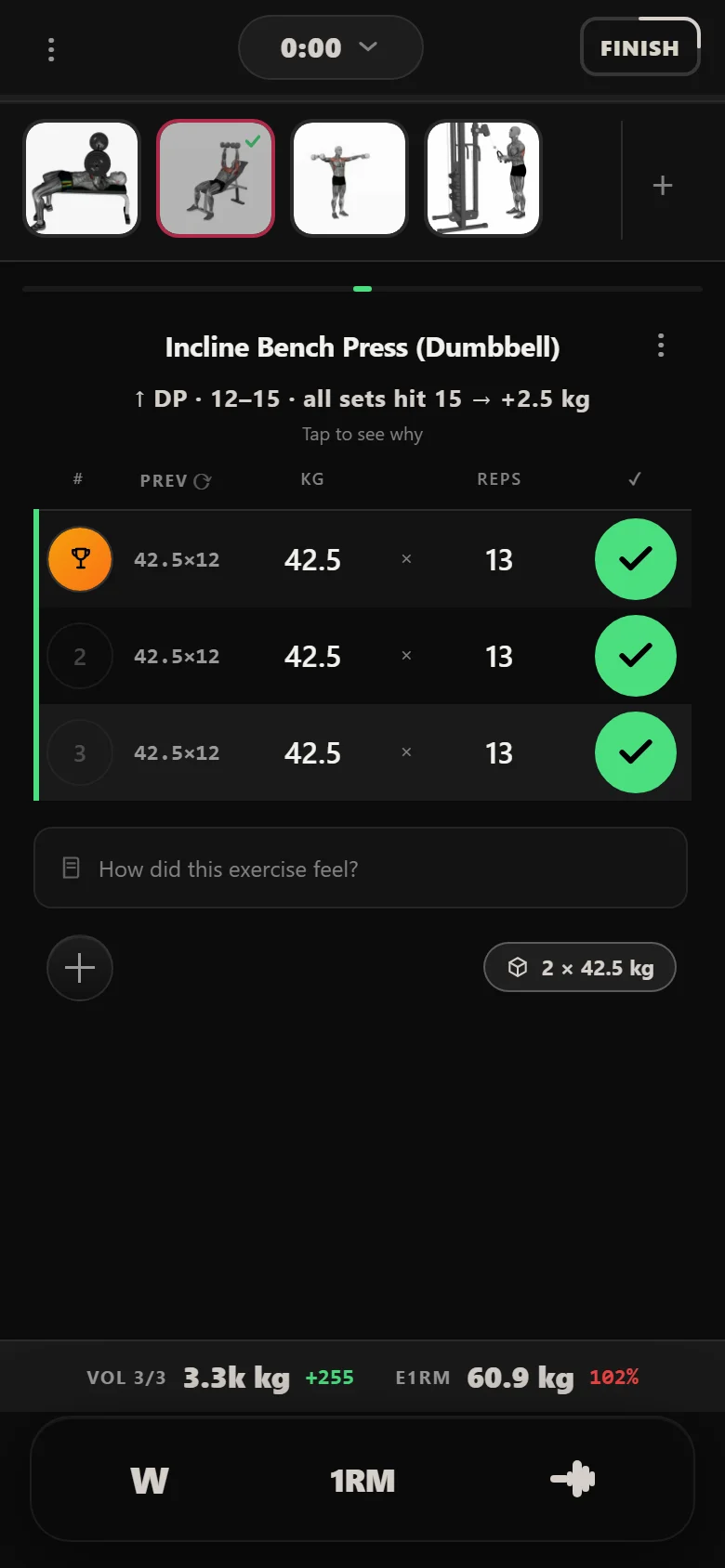 Durata logger showing the incline dumbbell bench still at 42.5 kg for more reps