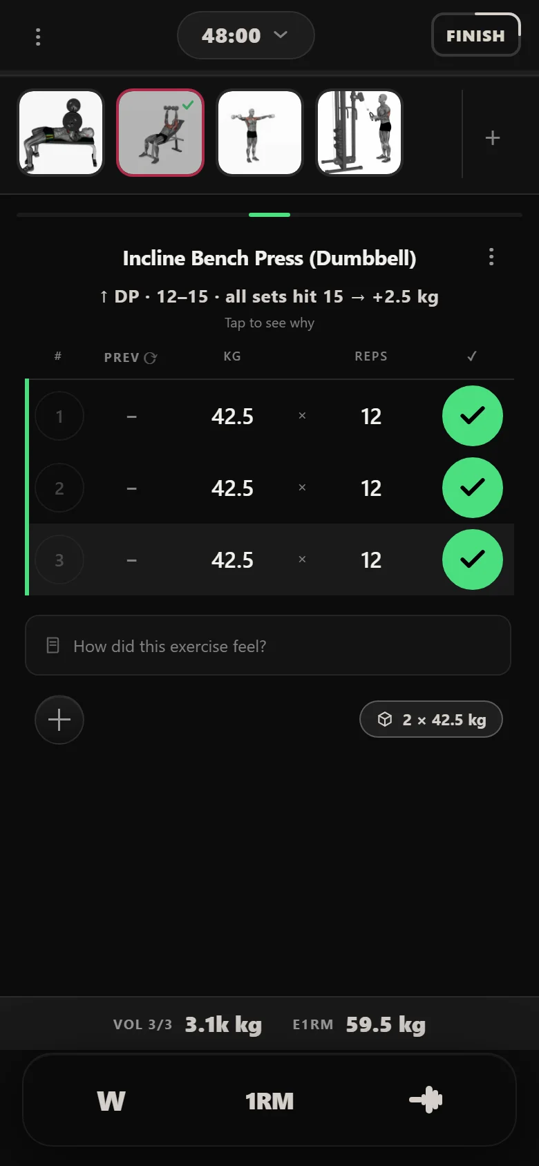 Durata logger showing the incline dumbbell bench at 42.5 kg for 12 reps