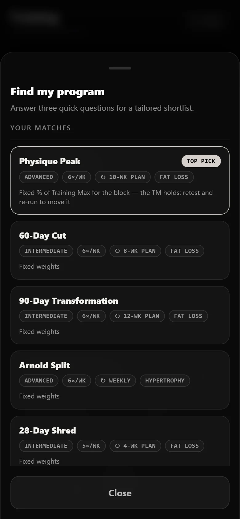 Durata finder results with Physique Peak at the top of the shortlist