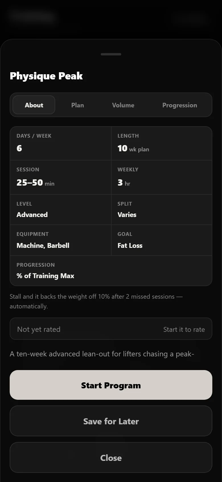 The Physique Peak program page in Durata showing the weekly schedule
