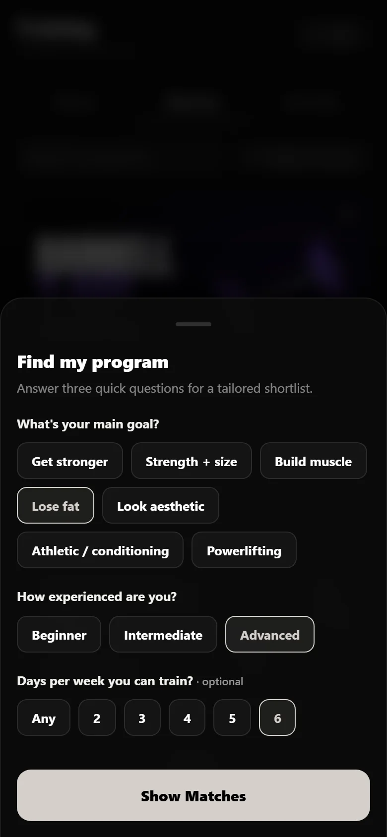 Durata program finder with goal, experience and days a week answered