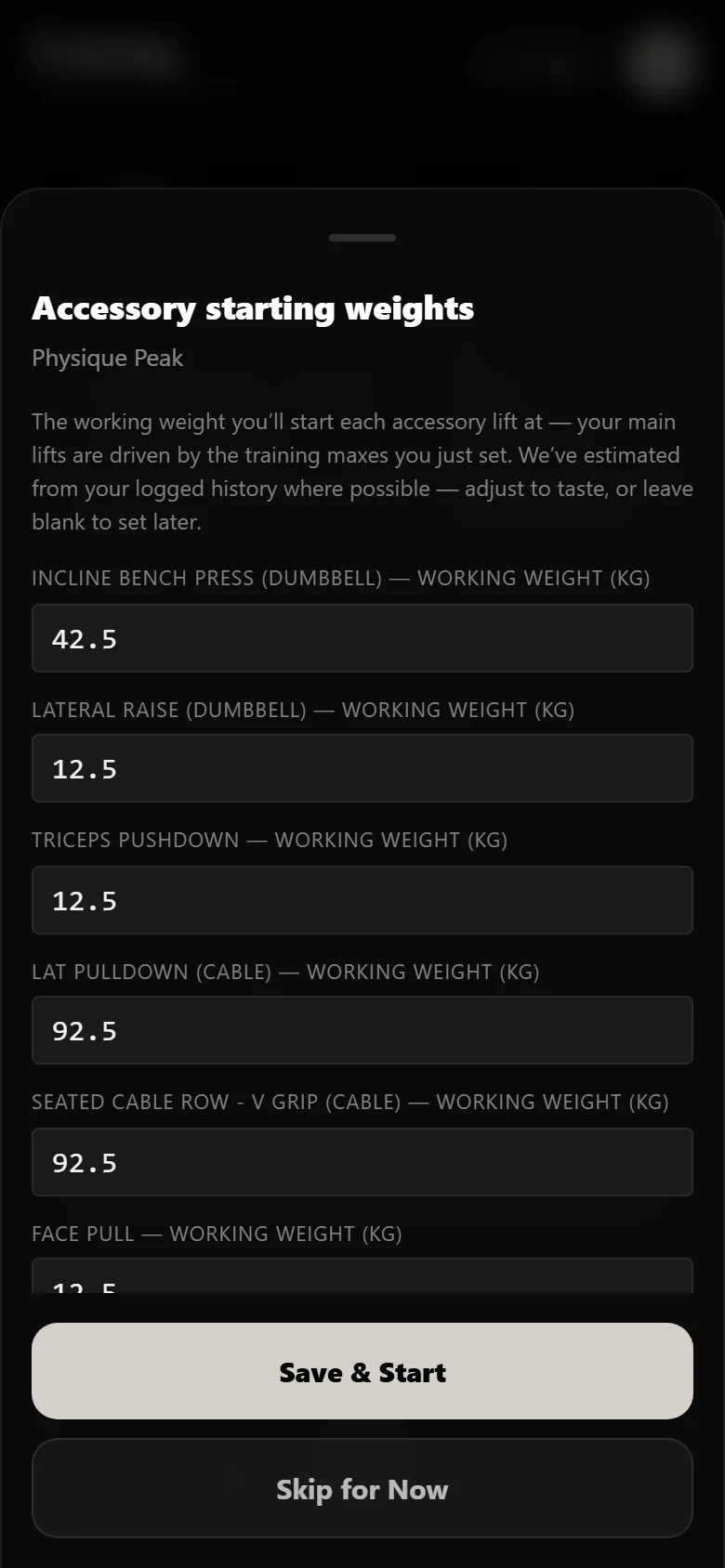 Setting starting working weights when beginning Physique Peak in Durata