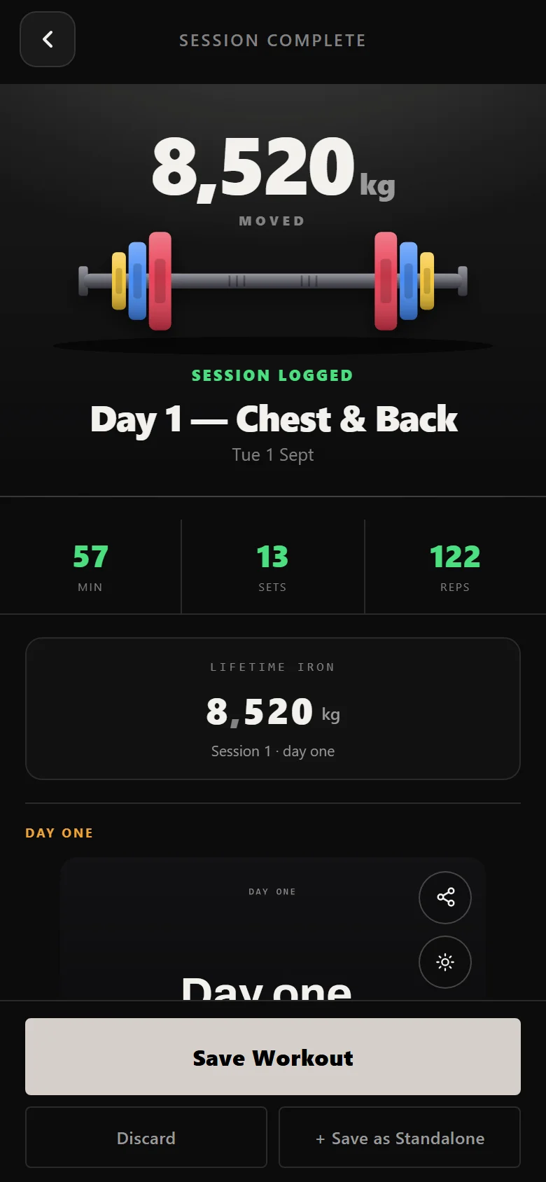 Durata session complete screen for a German Volume Training day