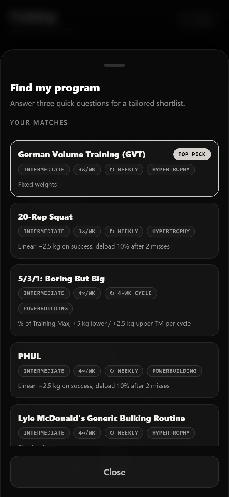 Durata finder results with German Volume Training as the top match