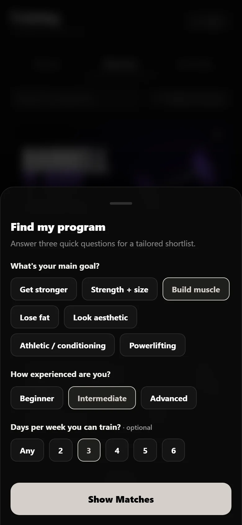 Durata program finder with goal, experience and days per week answered