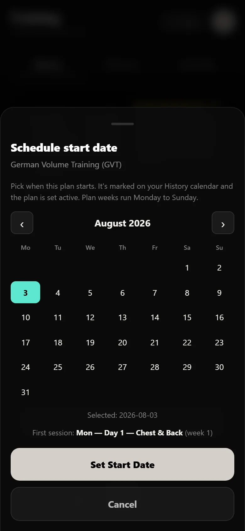 Choosing a start date for a German Volume Training block in Durata
