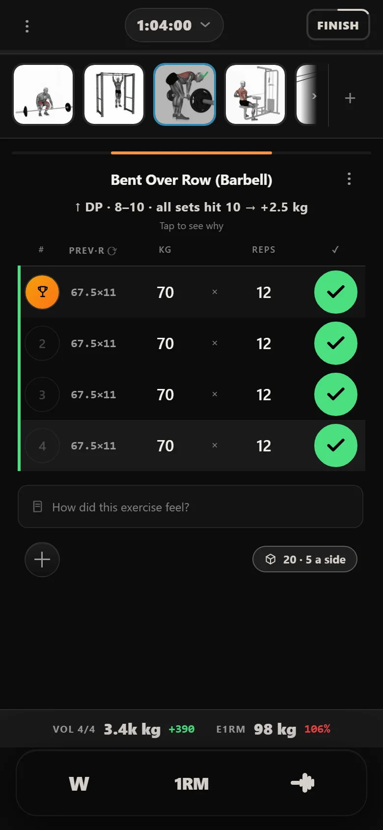 Durata logger showing an accessory on double progression in an 8 to 10 rep range