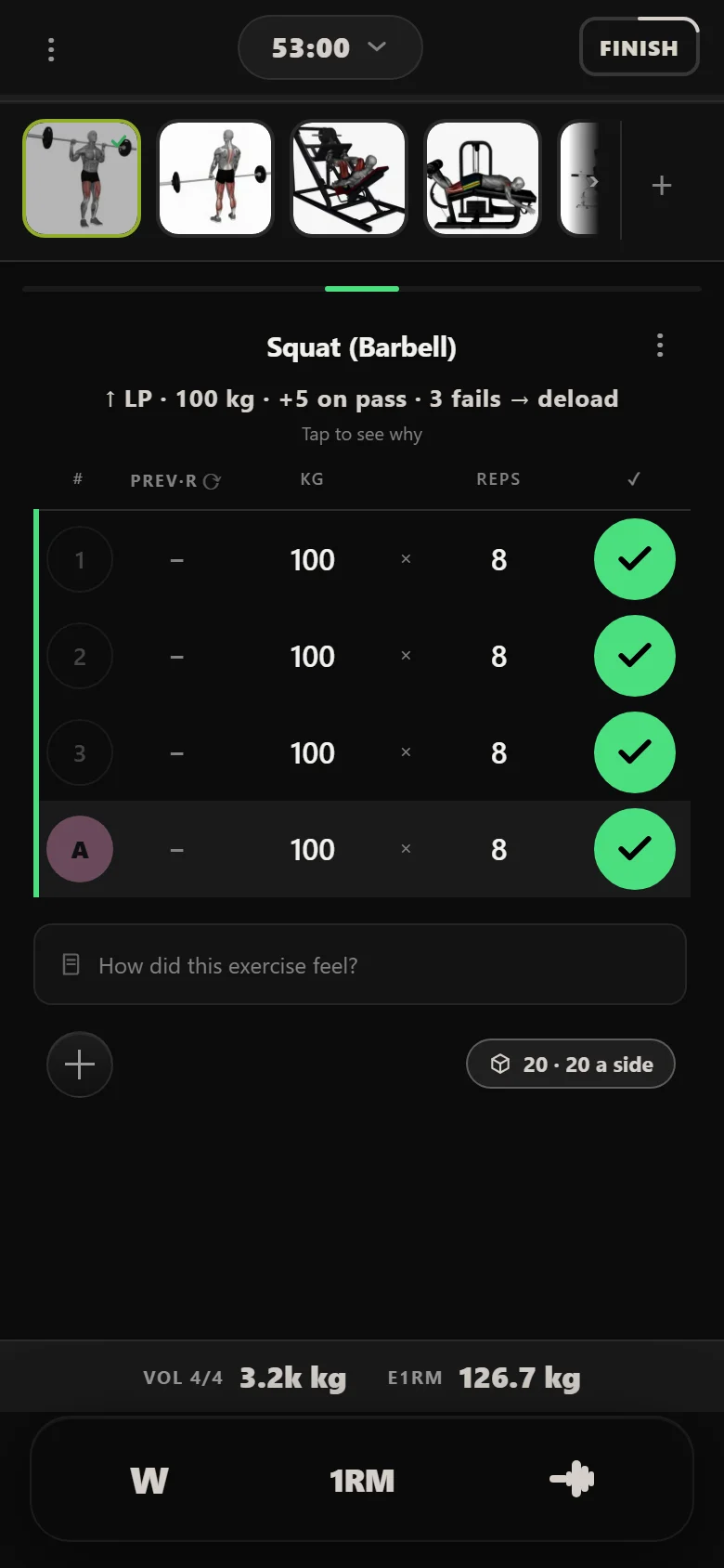 Squat at 100 kg on the first Legs day