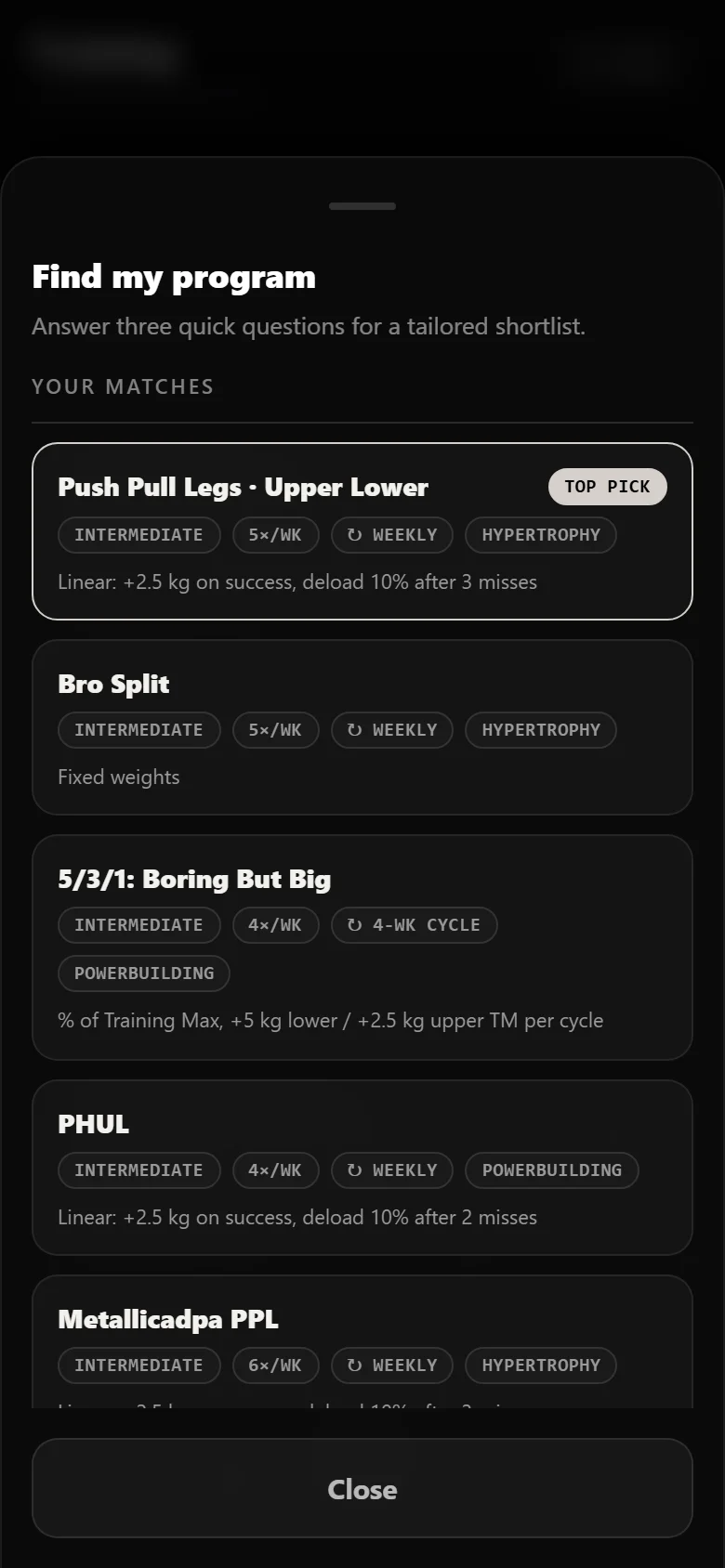 Durata finder results with Push Pull Legs Upper Lower as the top match