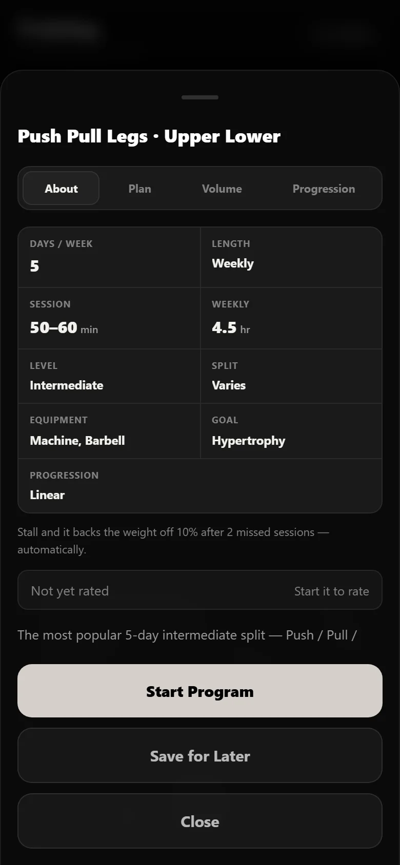 The Push Pull Legs Upper Lower program page in Durata showing the five-day split