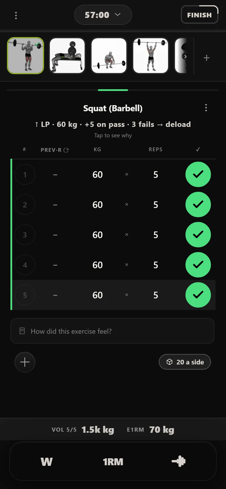 Reg Park 5x5 squat at 60 kg on the first session