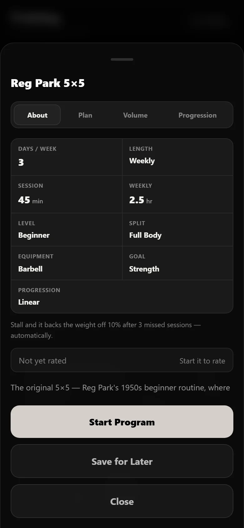 The Reg Park 5x5 program page in Durata